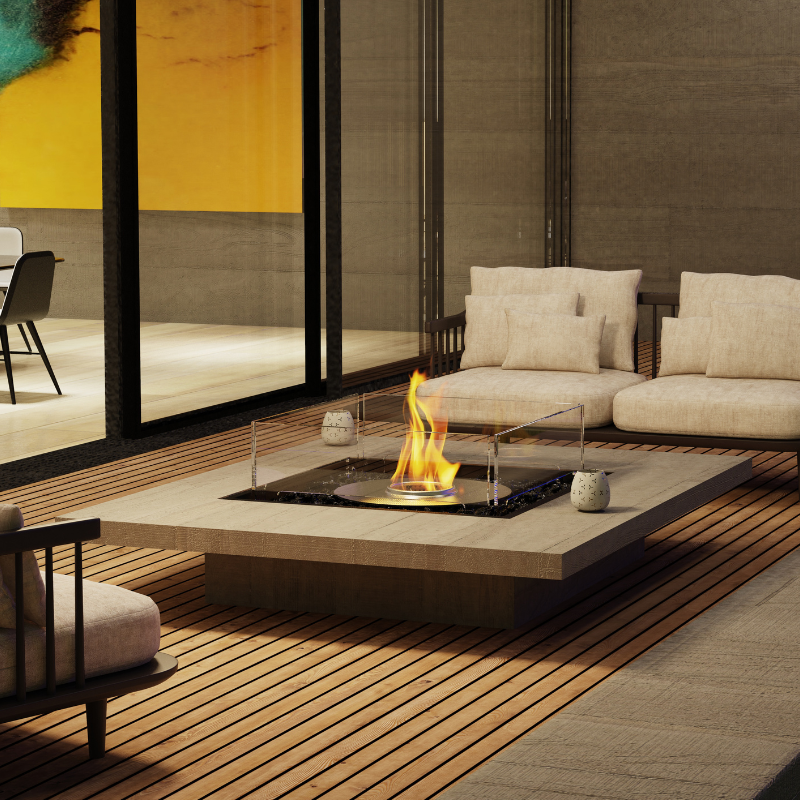 EcoSmart Square 22 Fire Pit Kit set in a contemporary outdoor lounge, surrounded by modern seating and creating a stylish focal point with its flame.