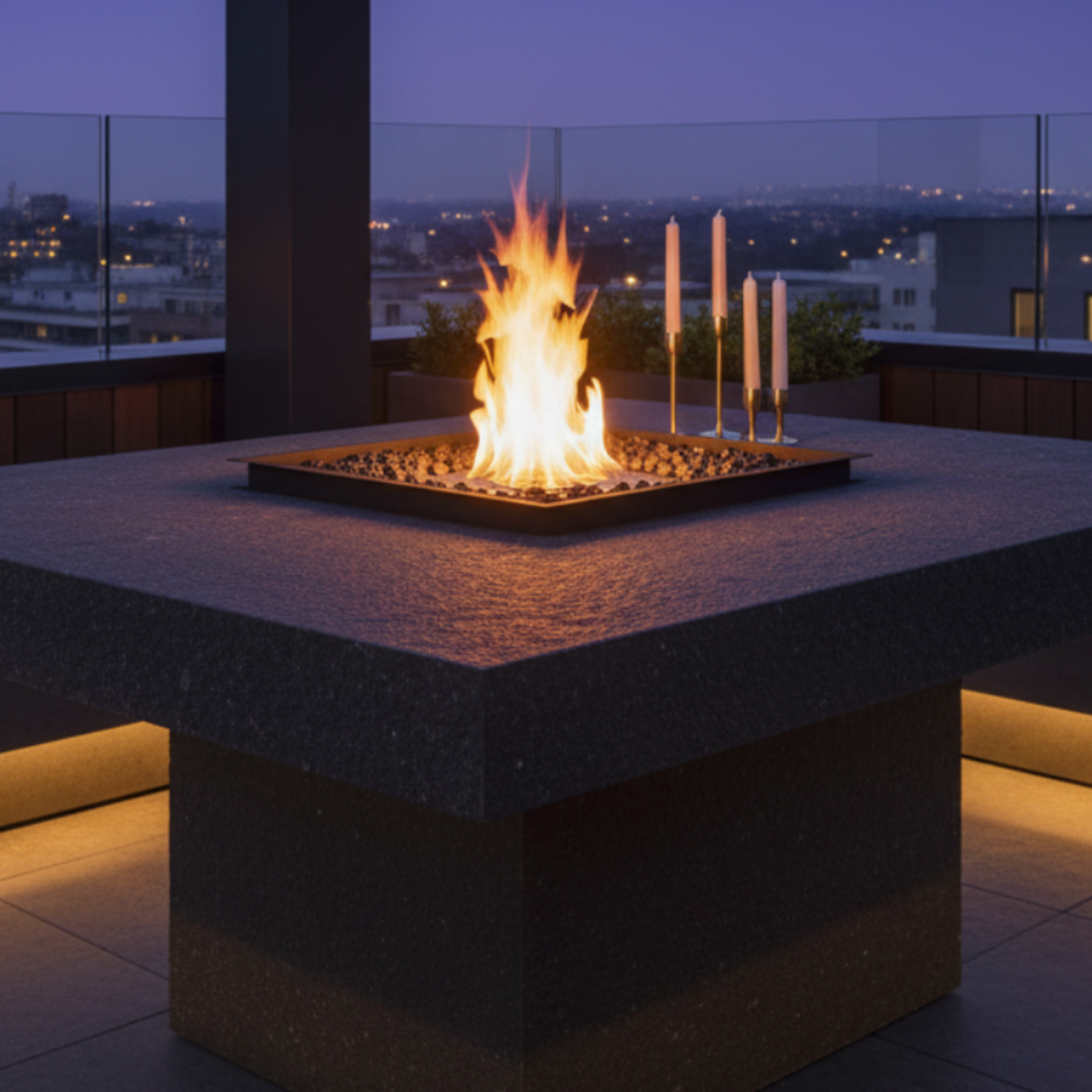 EcoSmart Square 22 Fire Pit Kit used in a luxurious outdoor terrace, featuring clean flames and a square design that complements the upscale setting.