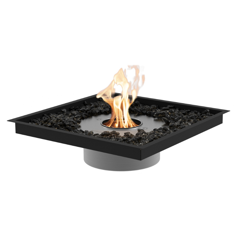 EcoSmart Square 22 Fire Pit Kit with Stainless Steel Burner with a square design, featuring a central flame surrounded by black stones, ideal for modern outdoor and indoor settings.