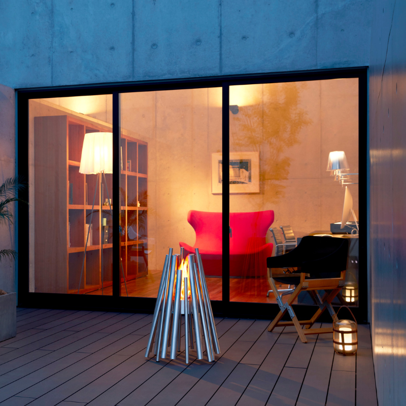 EcoSmart Stix Fire Pit on modern deck as electric fire pit for apartment balcony alternative