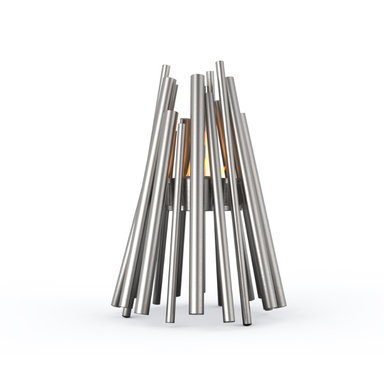 EcoSmart Stix Fire Pit clean front view in stainless steel finish with visible flame