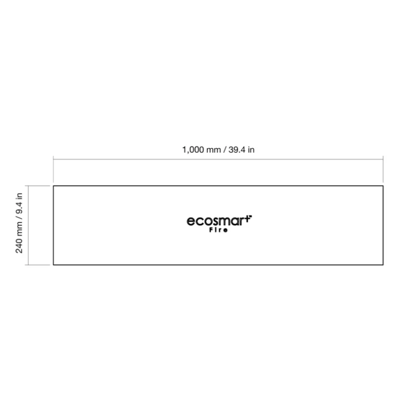 Dimensions of the EcoSmart XL900 Burner Cover, showcasing the length (1,000 mm / 39.4 in) and width (240 mm / 9.4 in) for a perfect fit over the burner