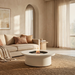 EcoSmart Mimosa 40 used as an indoor coffee table feature, styled with a beige sofa, terracotta cushions and a jute rug in a sunlit room.