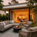 EcoSmart Mimosa 40 with the flat cover plate fitted, used as a wine and cheese surface beside an outdoor sofa.