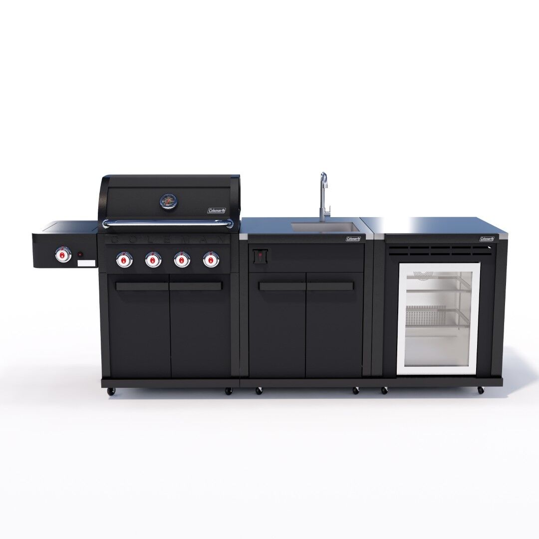 Coleman Revolution 4 Burner Outdoor Kitchen in Matt Black, sink + fridge configuration