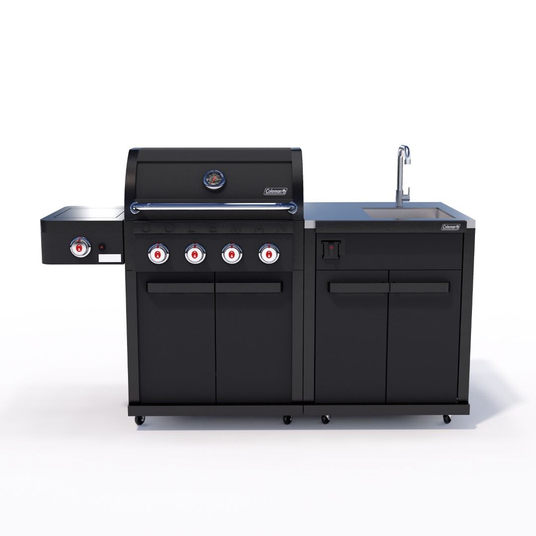 Coleman Revolution 4 Burner Outdoor Kitchen in Matt Black, sink configuration