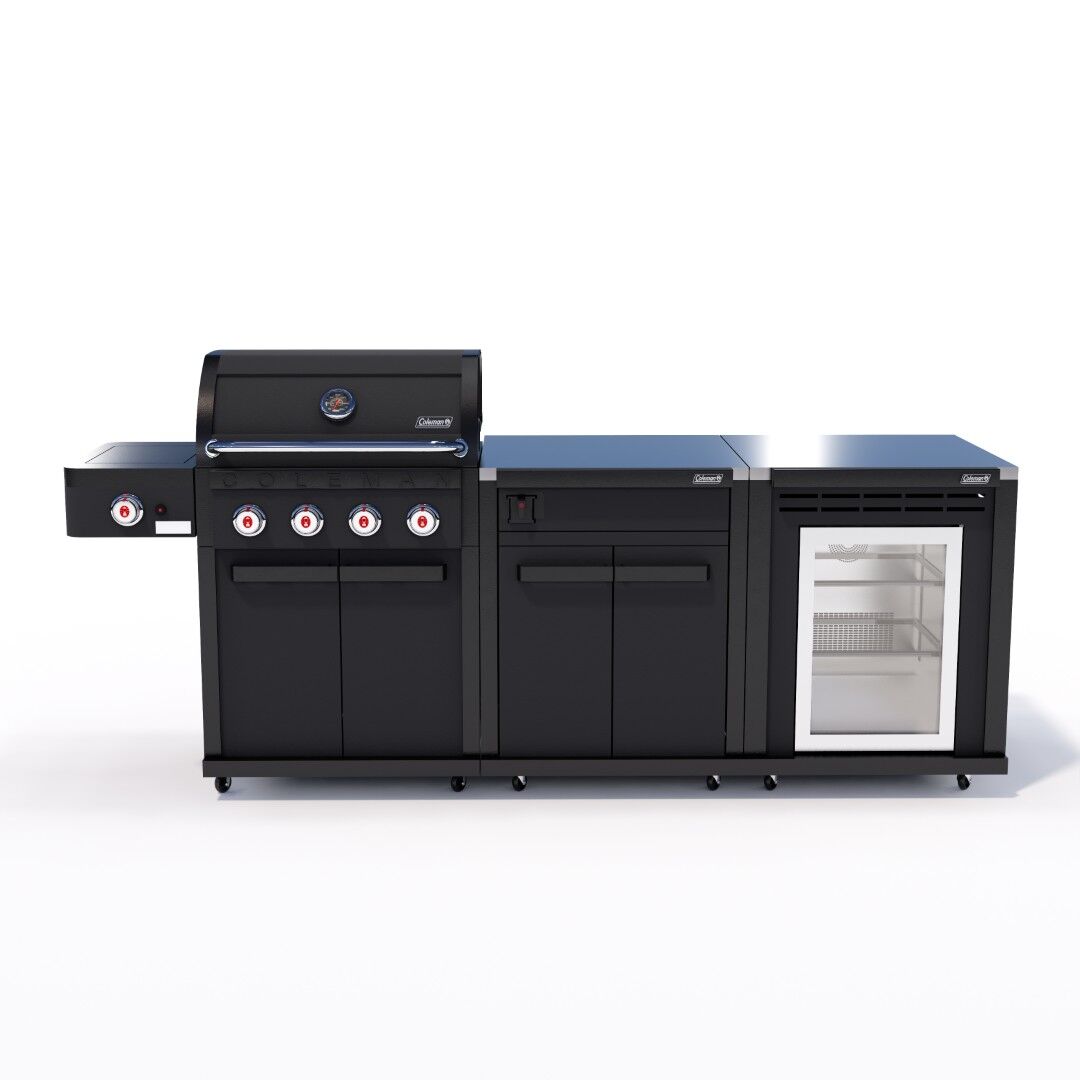 Coleman Revolution 4 Burner Outdoor Kitchen in Matt Black, storage + fridge configuration