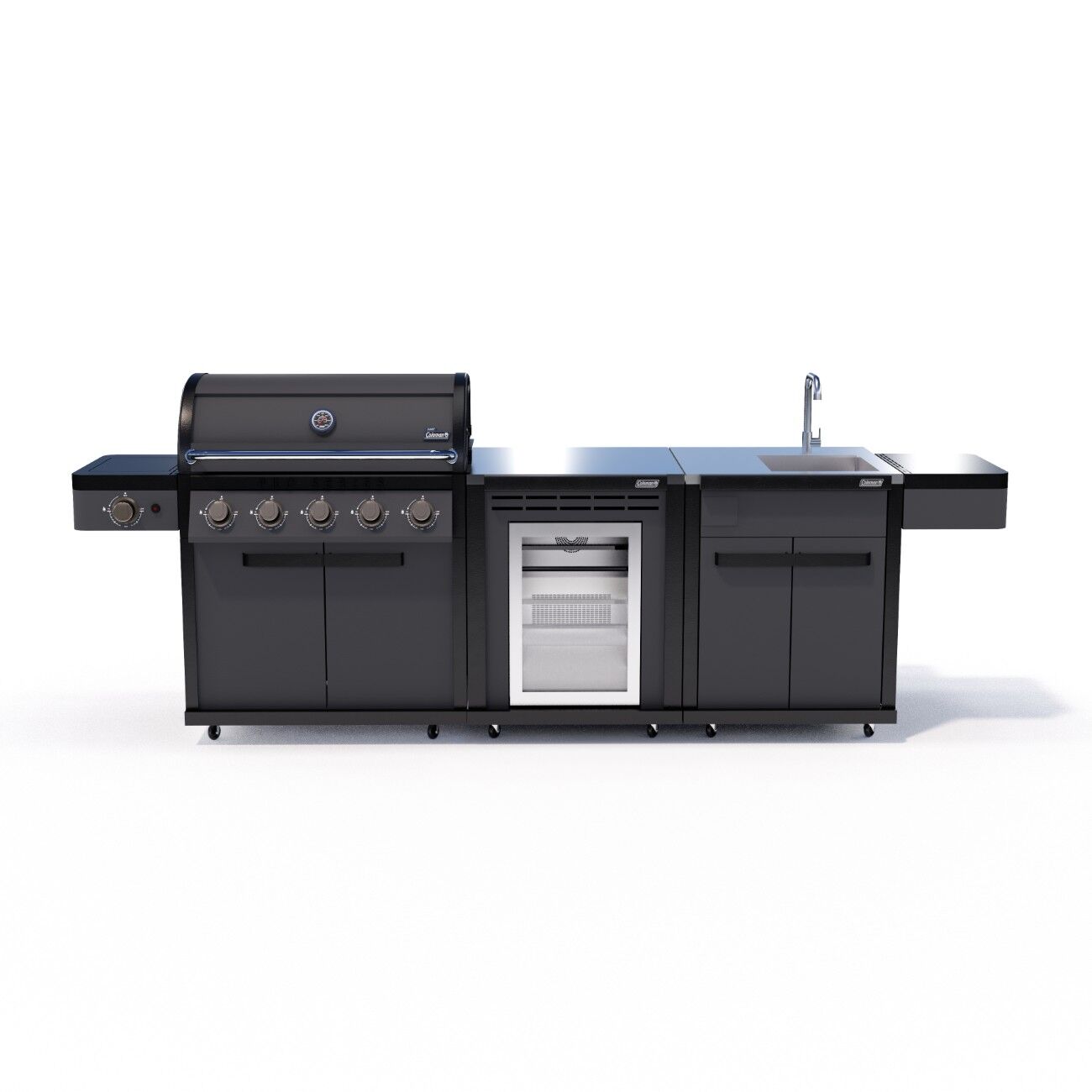 Coleman Pro Series 5 Burner Outdoor Kitchen fridge + sink configuration