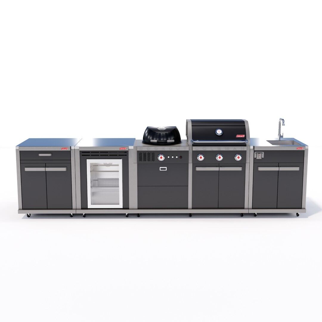 Coleman Revolution Dual Fuel Outdoor Kitchen in Black Gloss, sink + storage + fridge configuration