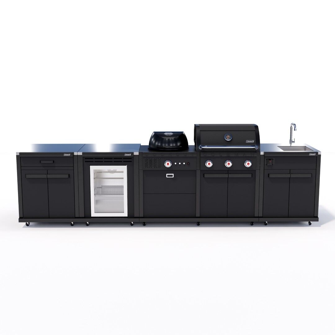 Coleman Revolution Dual Fuel Outdoor Kitchen in Matt Black, sink + storage + fridge configuration