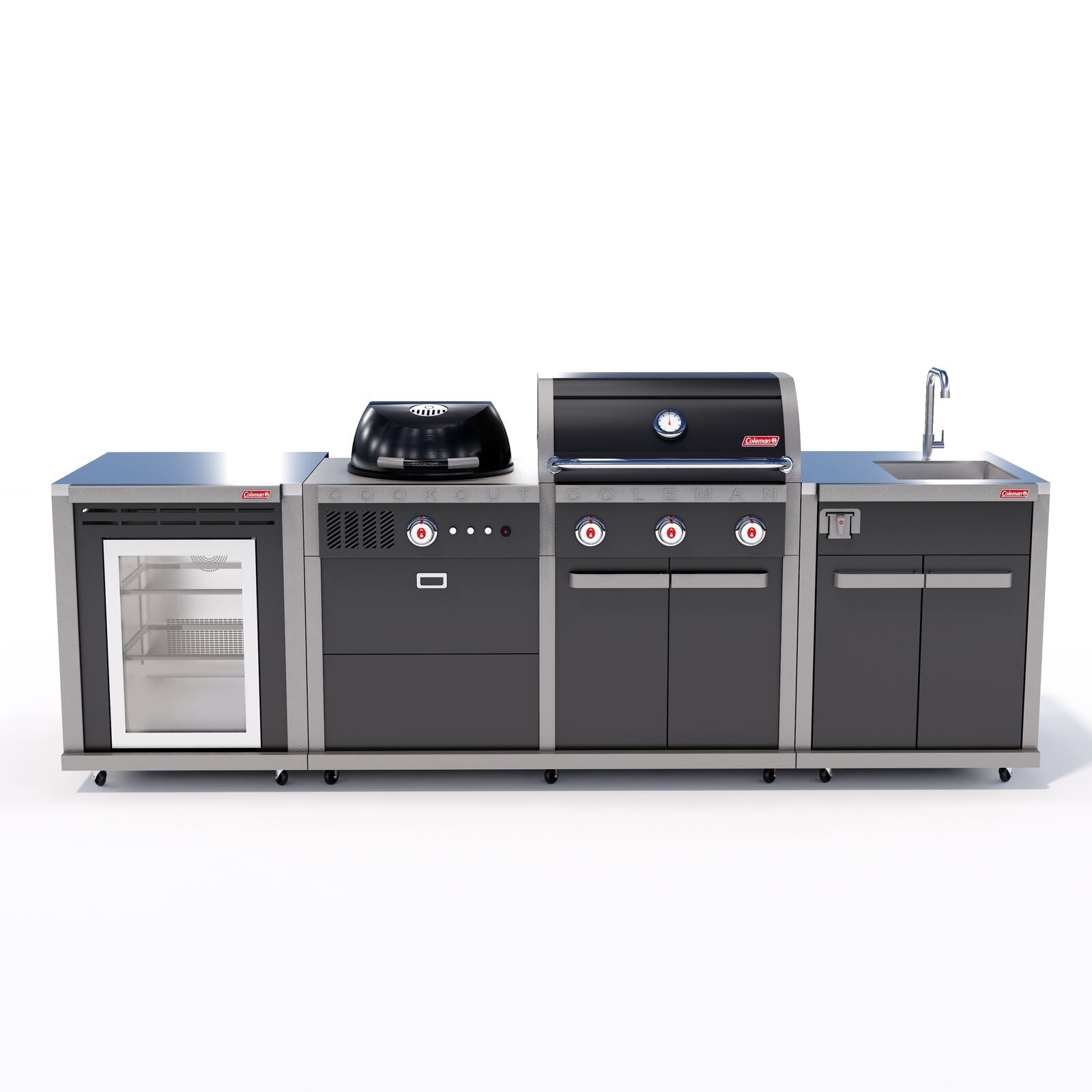 Coleman Revolution Dual Fuel Outdoor Kitchen in Black Gloss, sink + fridge configuration