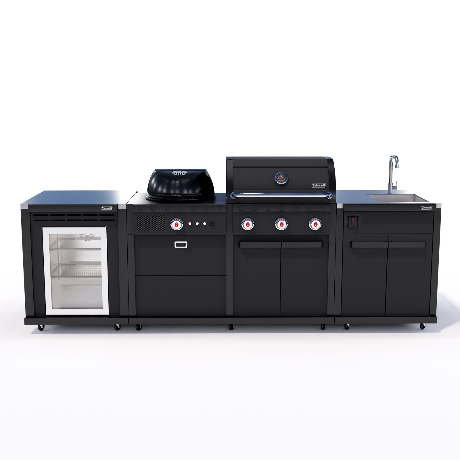 Coleman Revolution Dual Fuel Outdoor Kitchen in Matt Black, sink + fridge configuration