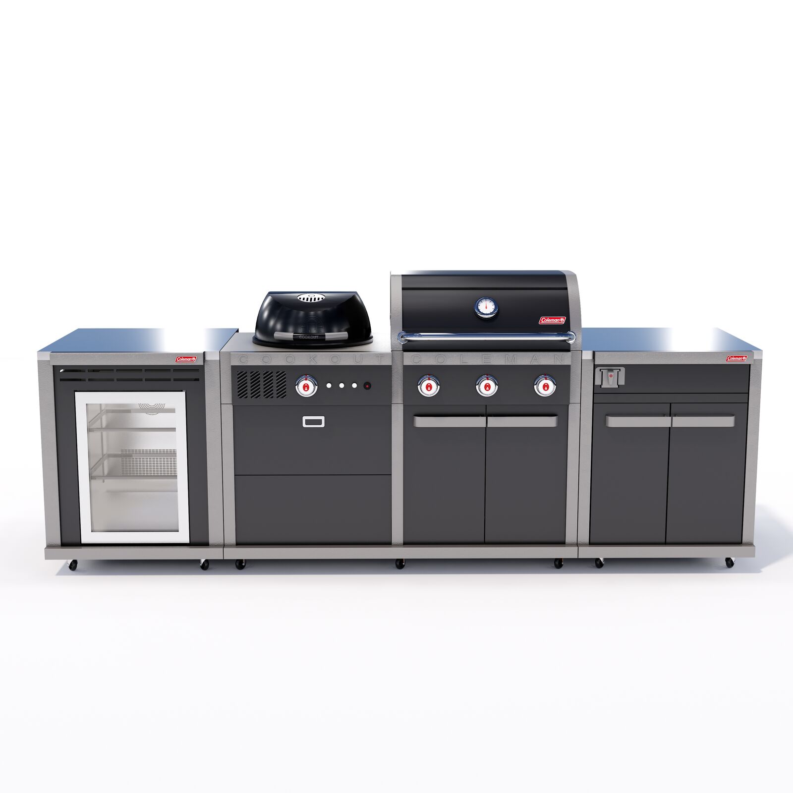 Coleman Revolution Dual Fuel Outdoor Kitchen in Black Gloss, storage + fridge configuration
