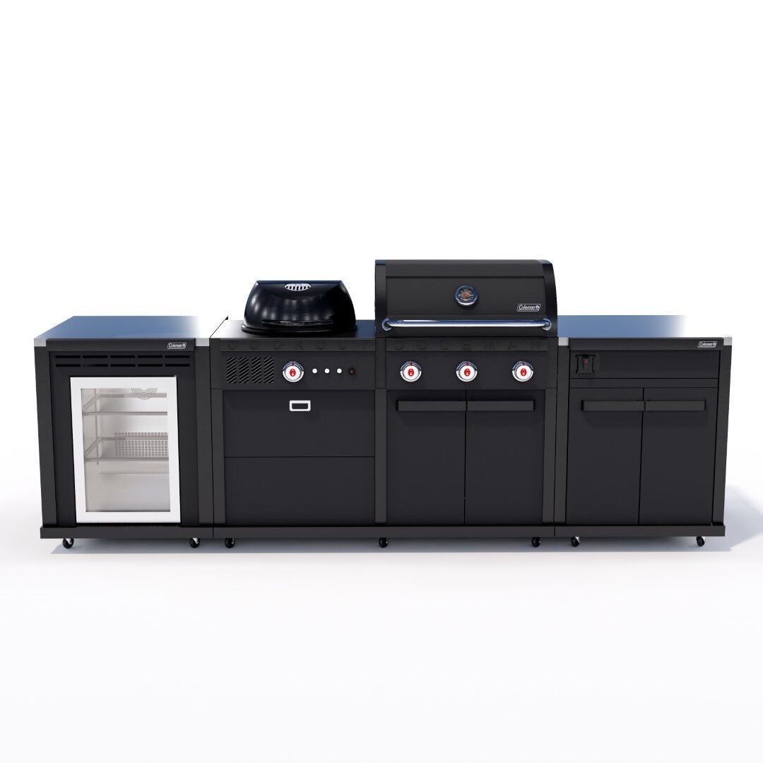 Coleman Revolution Dual Fuel Outdoor Kitchen in Matt Black, storage + fridge configuration