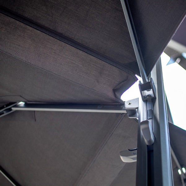 Rain gutter channel fitted between two adjacent Unity umbrella canopies