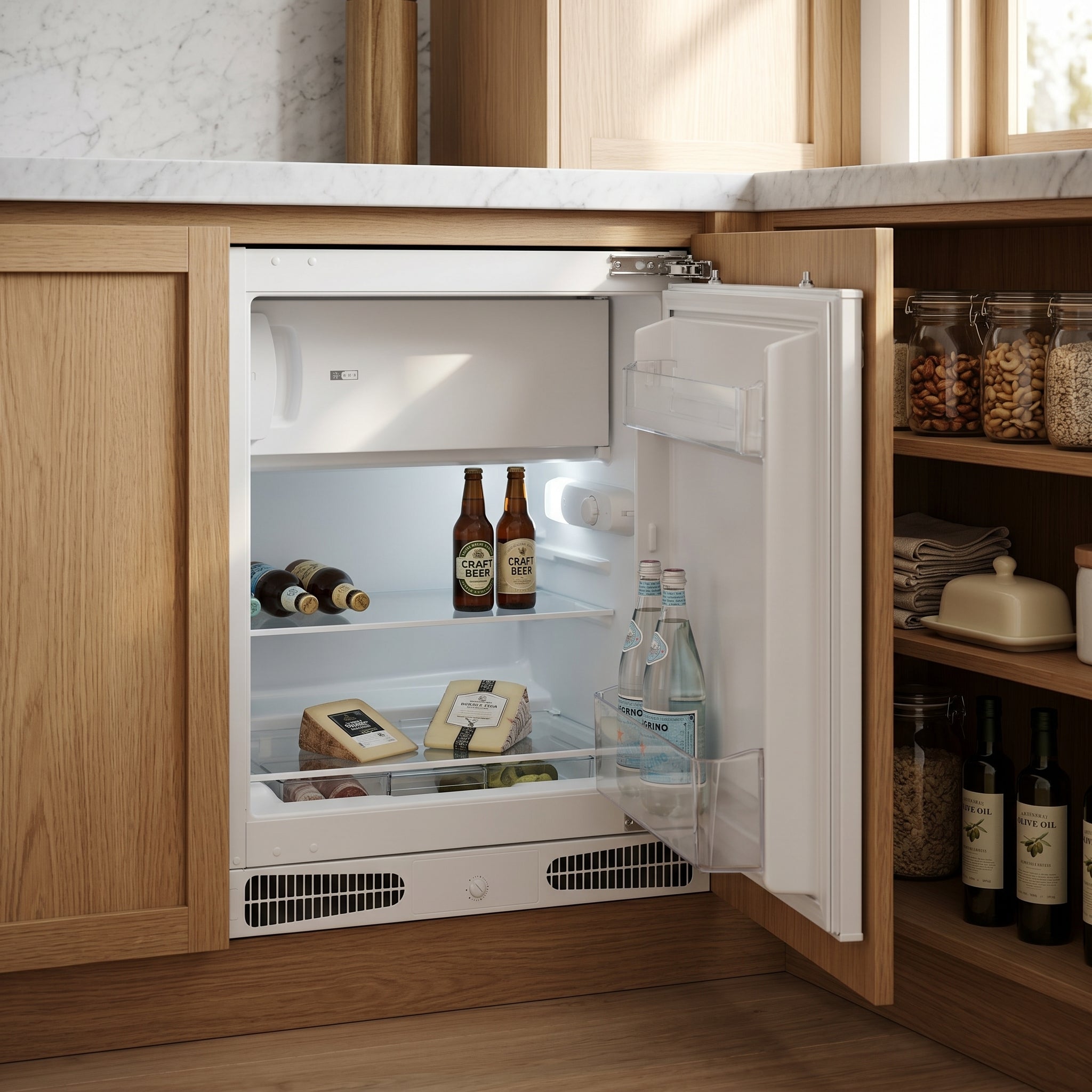 Husky 115L integrated bar fridge and freezer built into a butlers pantry, door open and stocked