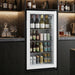 Husky 130L glass door bar fridge stocked with drinks in a stylish home bar with the glass clear