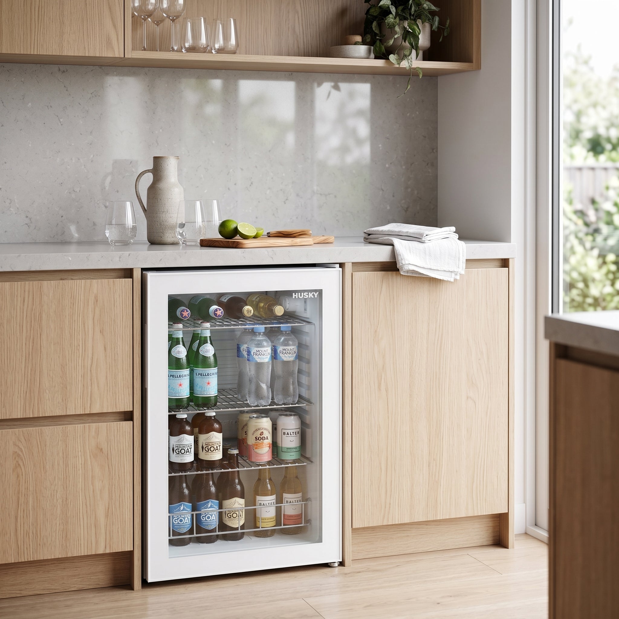 Husky 130L glass door bar fridge as a kitchen beverage station stocked with chilled drinks