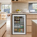 Husky 130L glass door bar fridge built in under a kitchen benchtop stocked with drinks