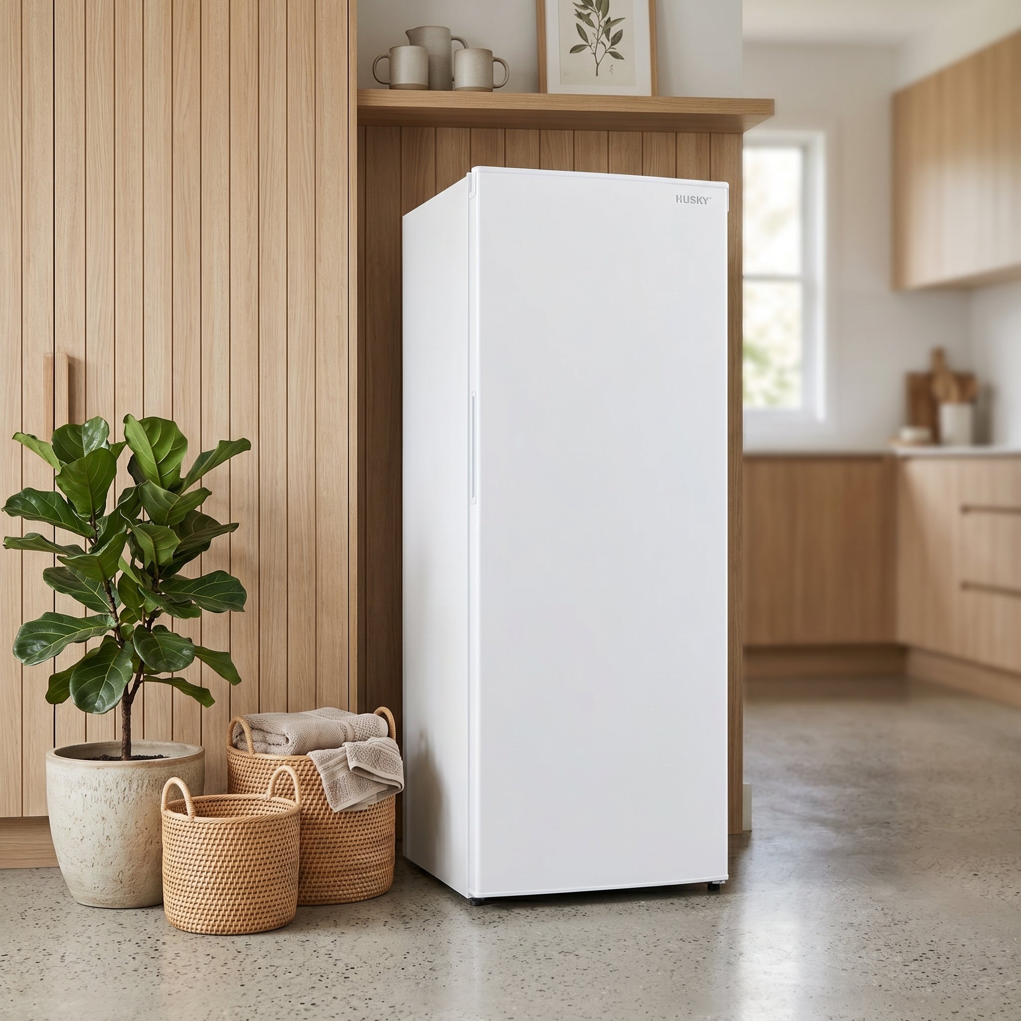 Husky 237L vertical fridge used as a second fridge in an Australian garage and mudroom with timber panelling