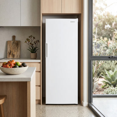 Husky 237L vertical fridge as a tall larder fridge in a modern Australian kitchen with oak and stone cabinetry