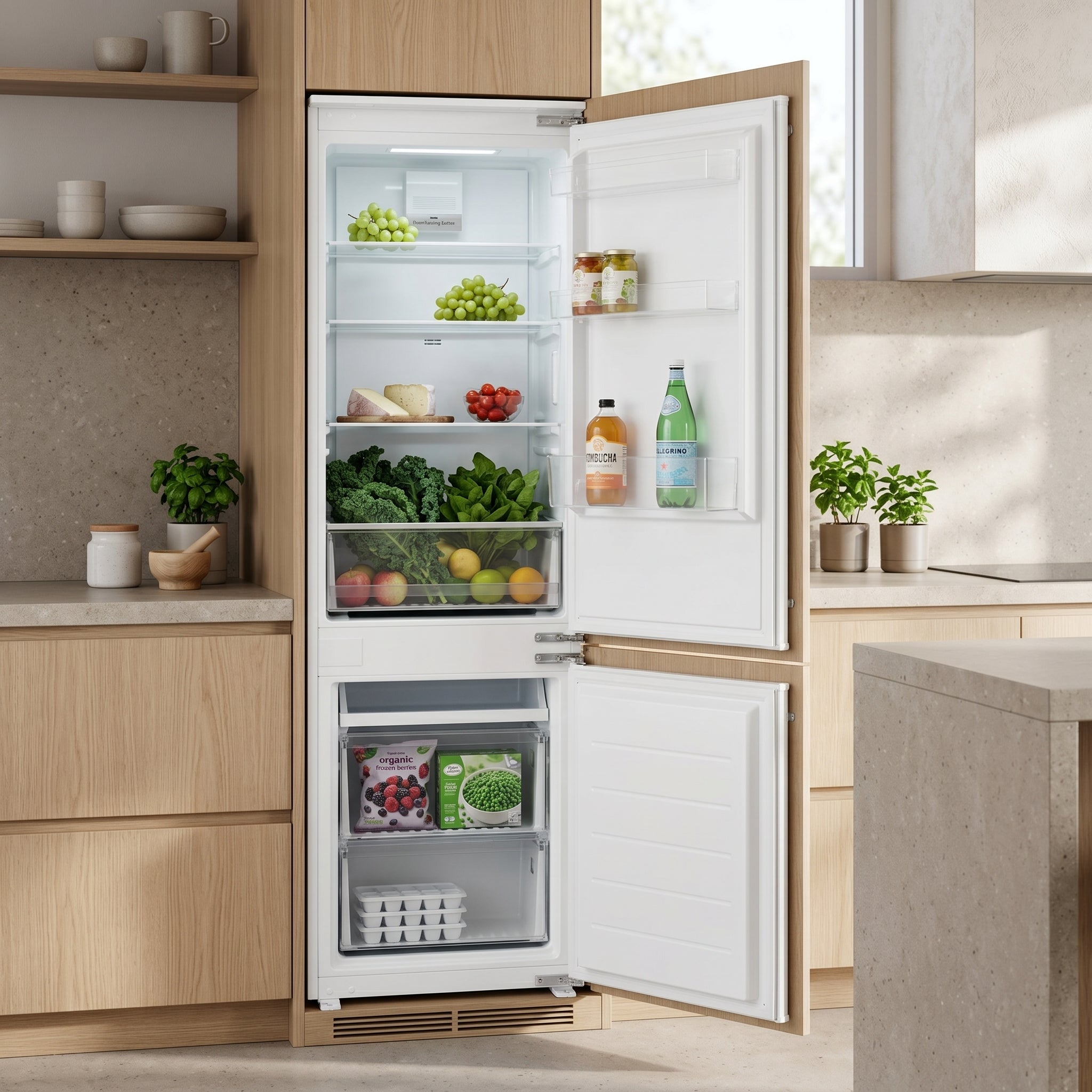 Husky 266L integrated fridge and freezer built into a modern Australian kitchen, doors open and stocked with fresh food