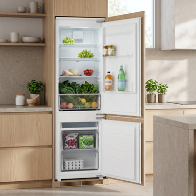Husky 266L integrated fridge and freezer built into a modern Australian kitchen, doors open and stocked with fresh food