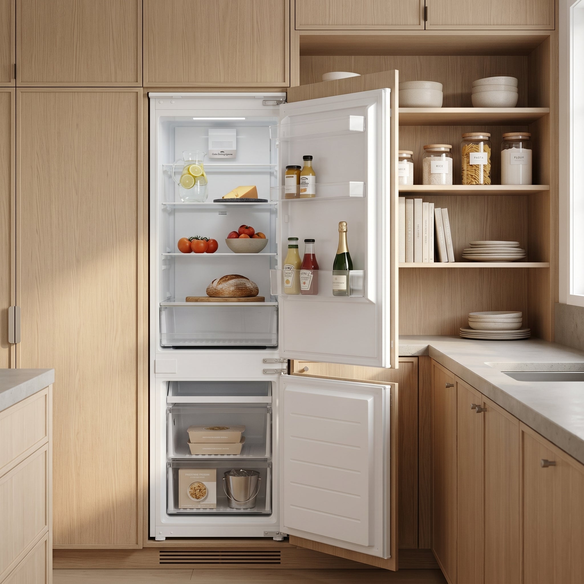 Husky 266L integrated fridge and freezer built into a butlers pantry, doors open and stocked
