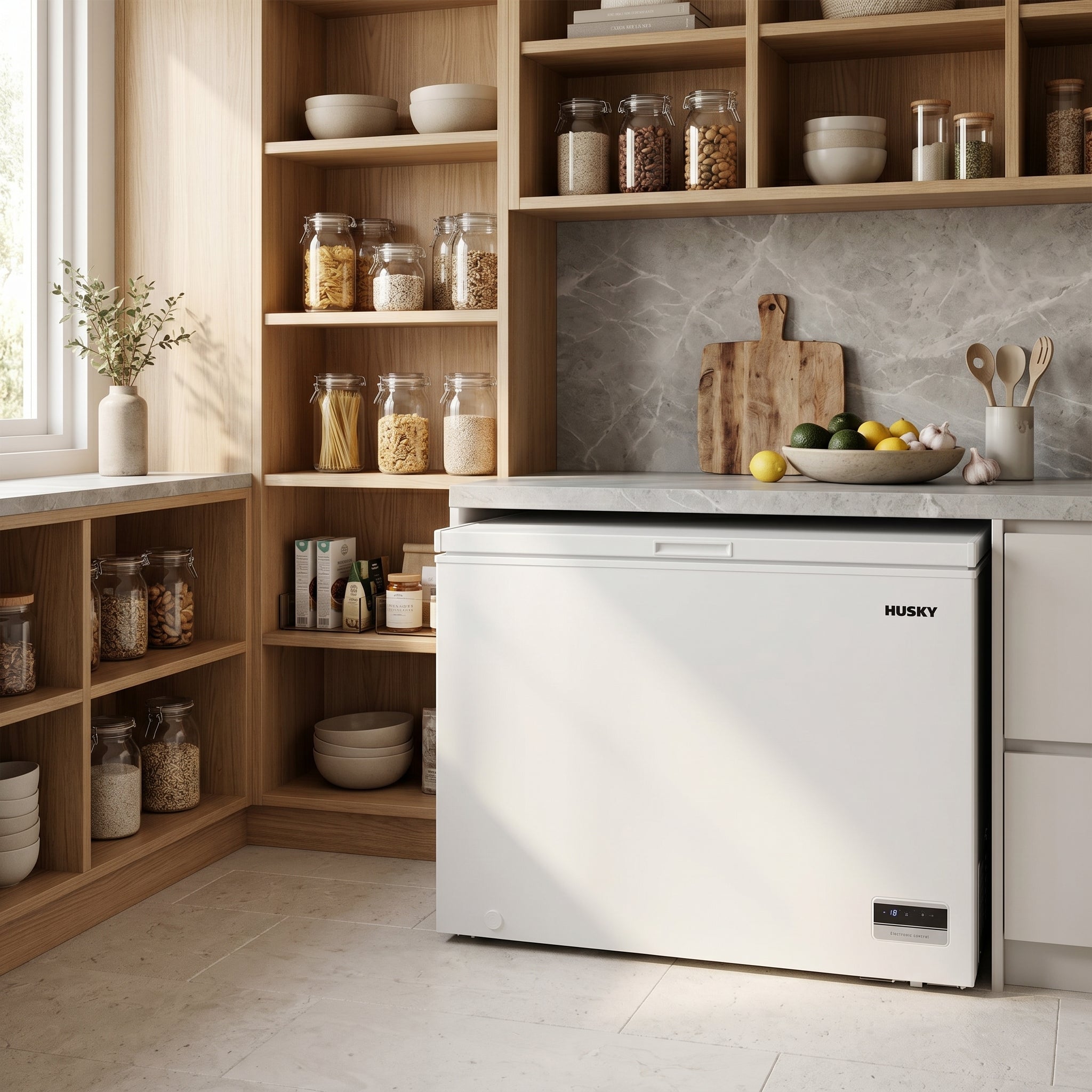 Husky white chest fridge and freezer built into a premium butlers pantry and scullery with stocked oak shelving