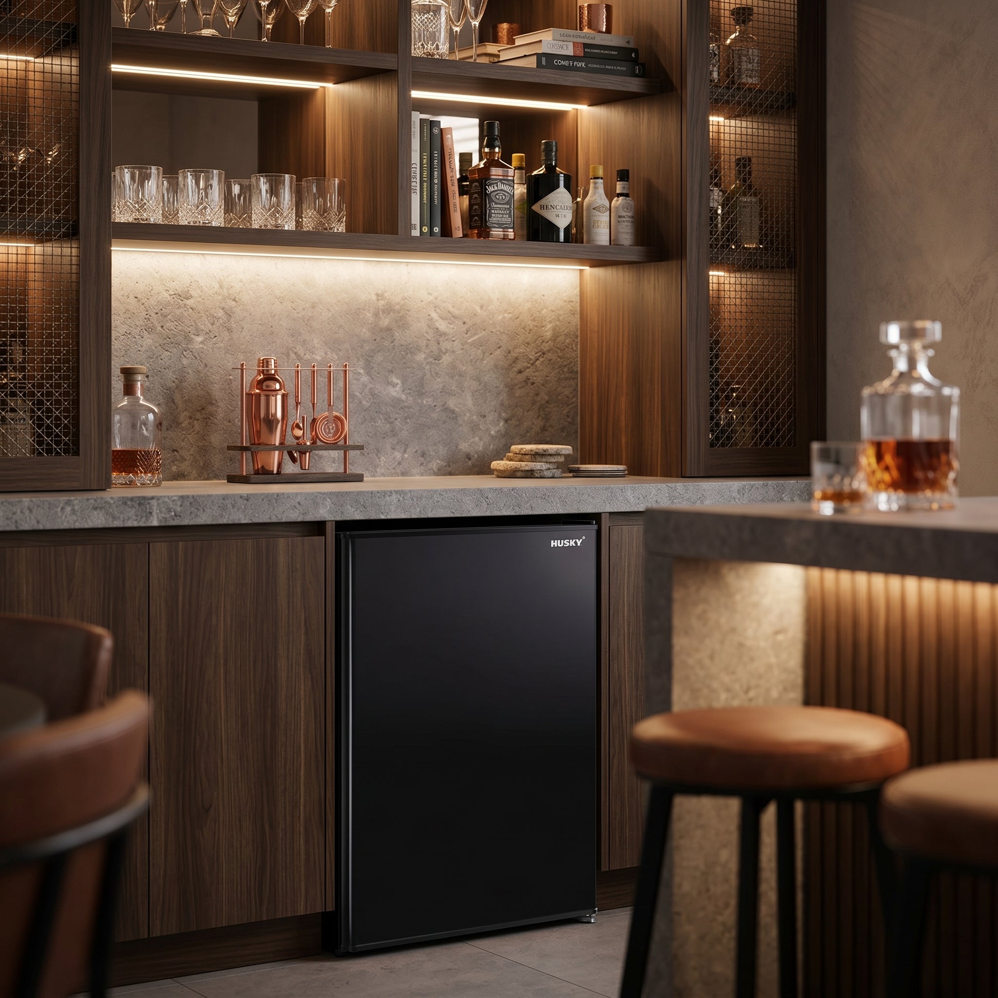 Husky 130L solid door bar fridge built into a dark home bar with glassware above