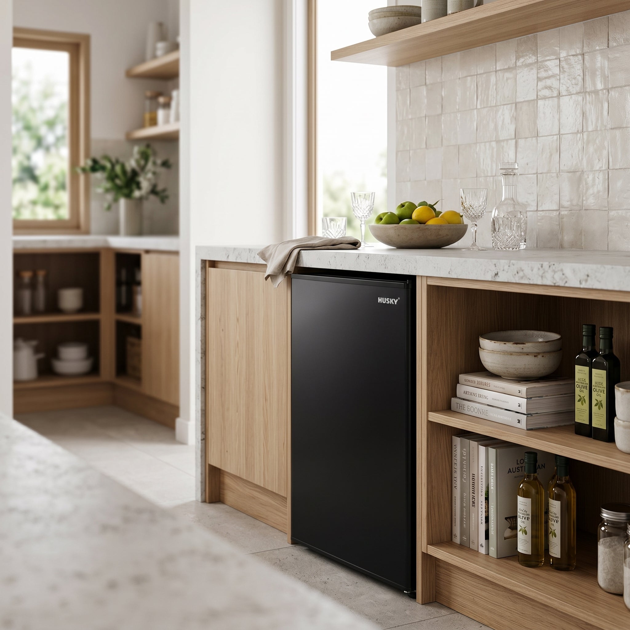 Husky 130L solid door bar fridge built in under a kitchen benchtop