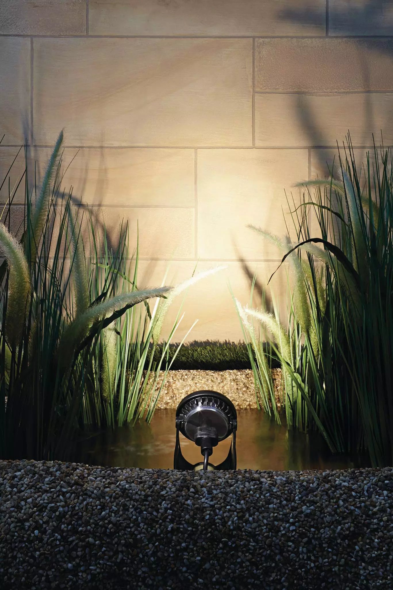 Oase LunAqua Power LED lighting reeds beside a garden wall at night