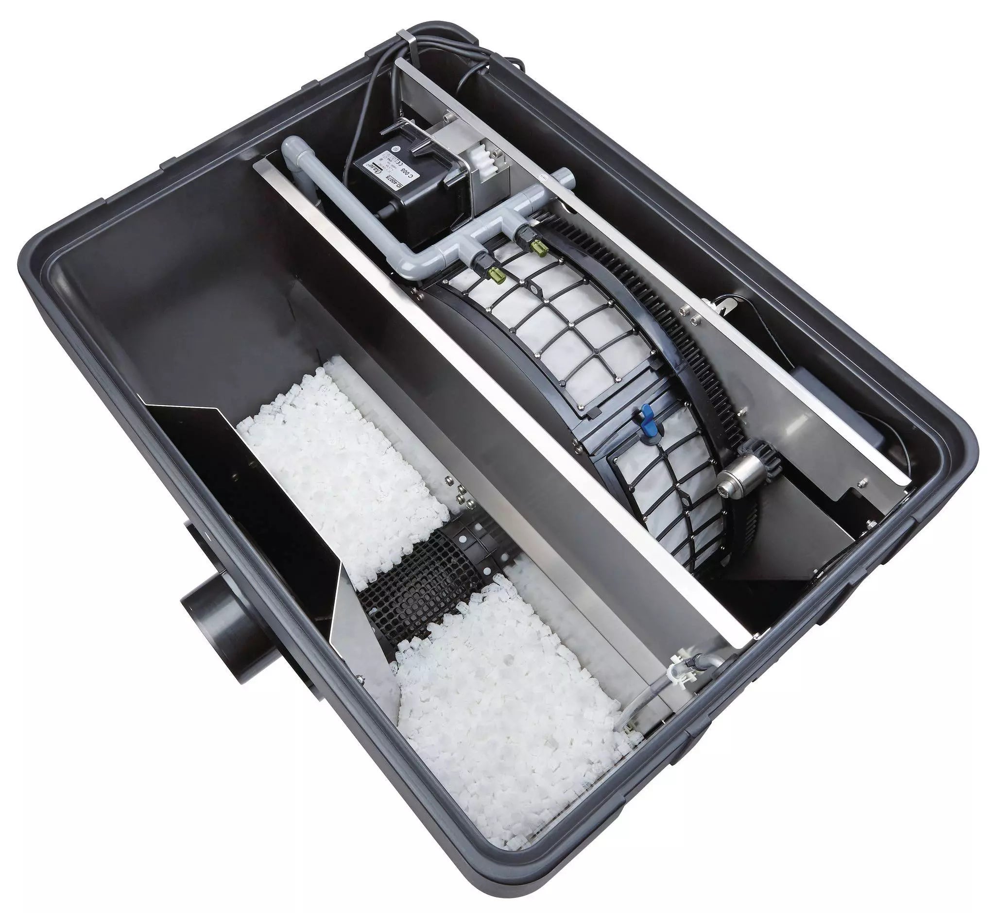 Inside the Compact-M: the rotating drum beside the Hel-X 13 moving bed biomedia