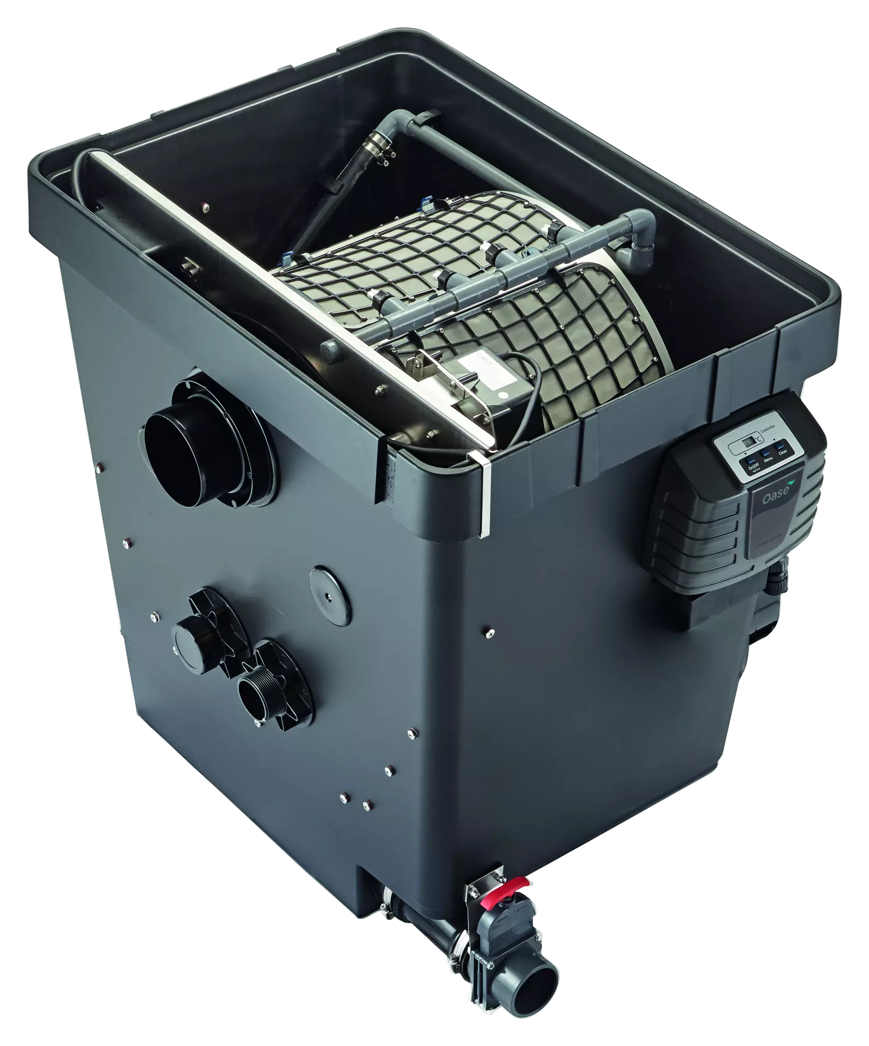ProfiClear Premium DF-L drum filter open, showing the stainless steel drum and sieve elements