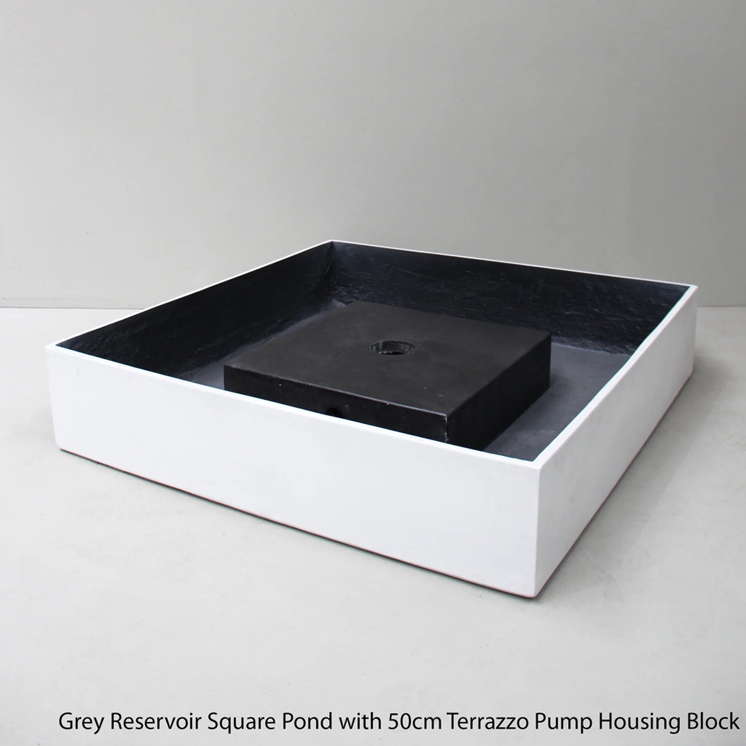 Kellock Reservoir Square Pond Base, grey, with a terrazzo pump housing block