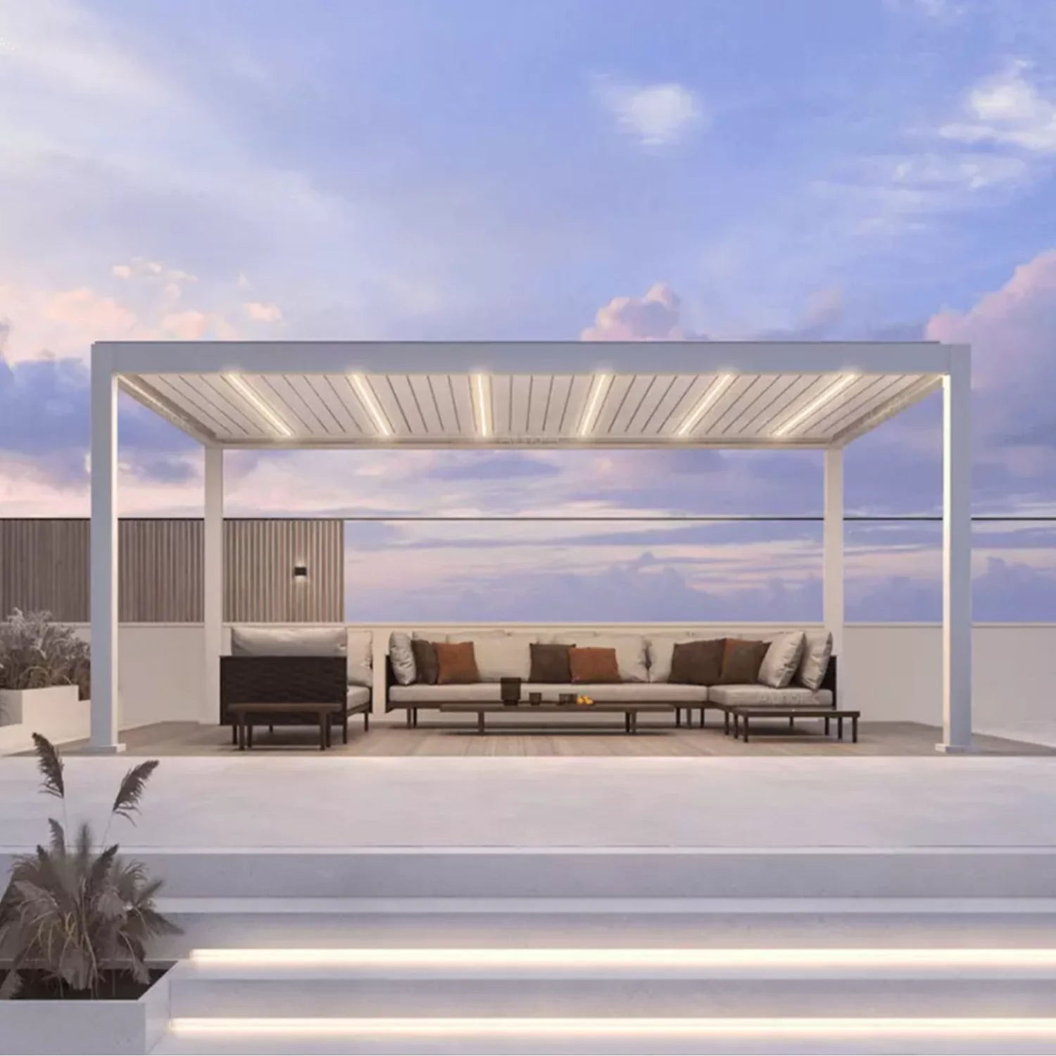 Kustom M6 louvre pergola with gasket-sealed slats closed, 100 percent waterproof roof in rain