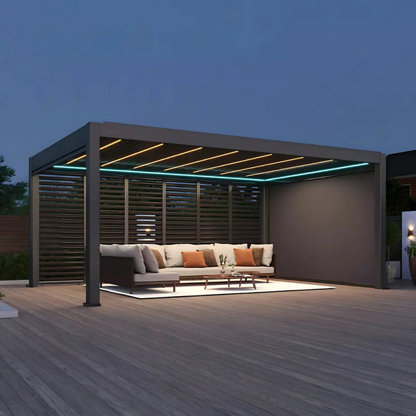 Kustom M6 in charcoal at dusk, louvres closed, warm LED along each louvre with a teal light line under the front beam
