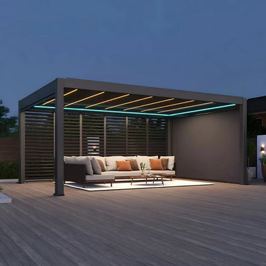 Kustom M6 motorised louvre pergola, freestanding aluminium frame, open louvres for an Australian alfresco setting