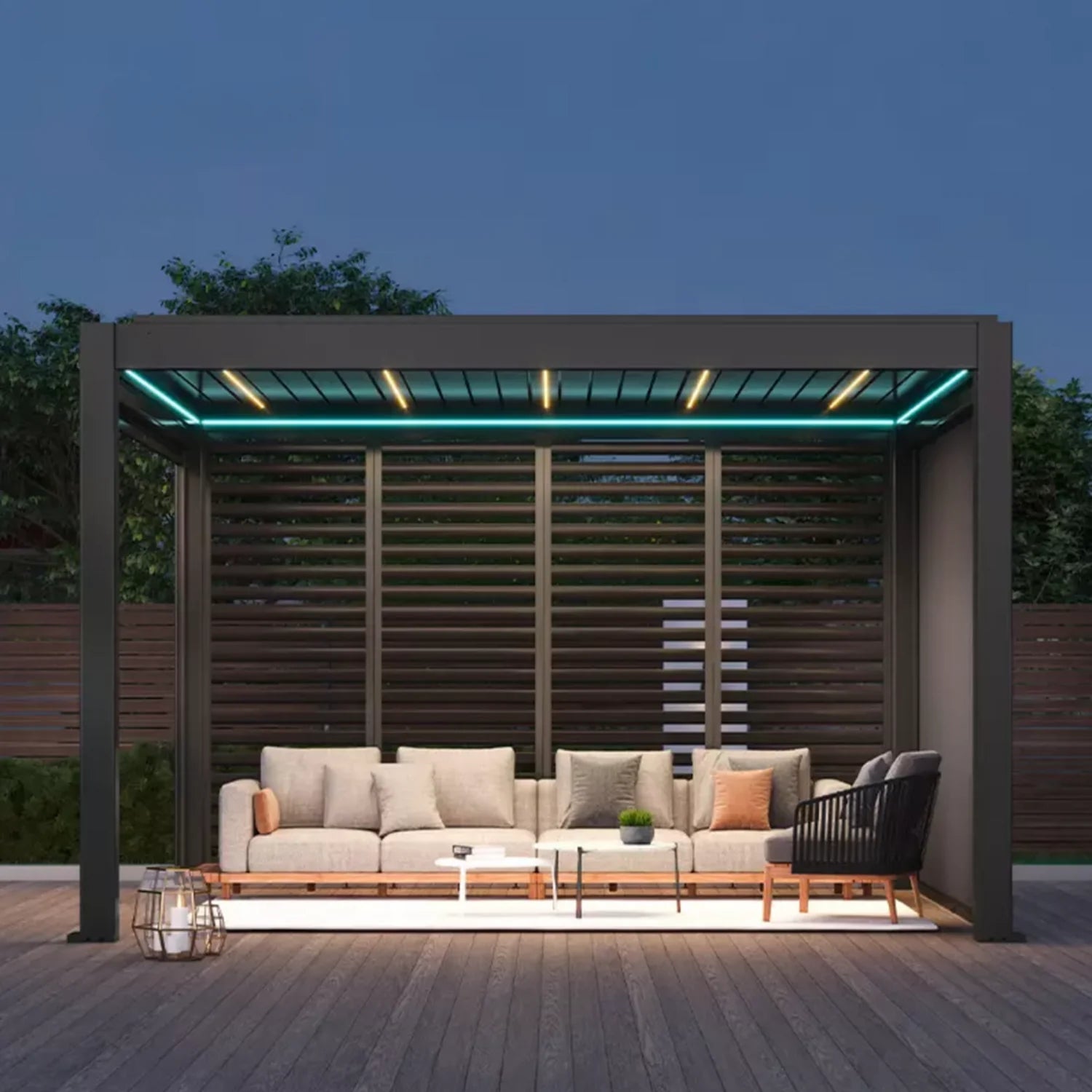 Kustom M6 motorised louvre pergola, warm white LED lighting integrated into each louvre slat