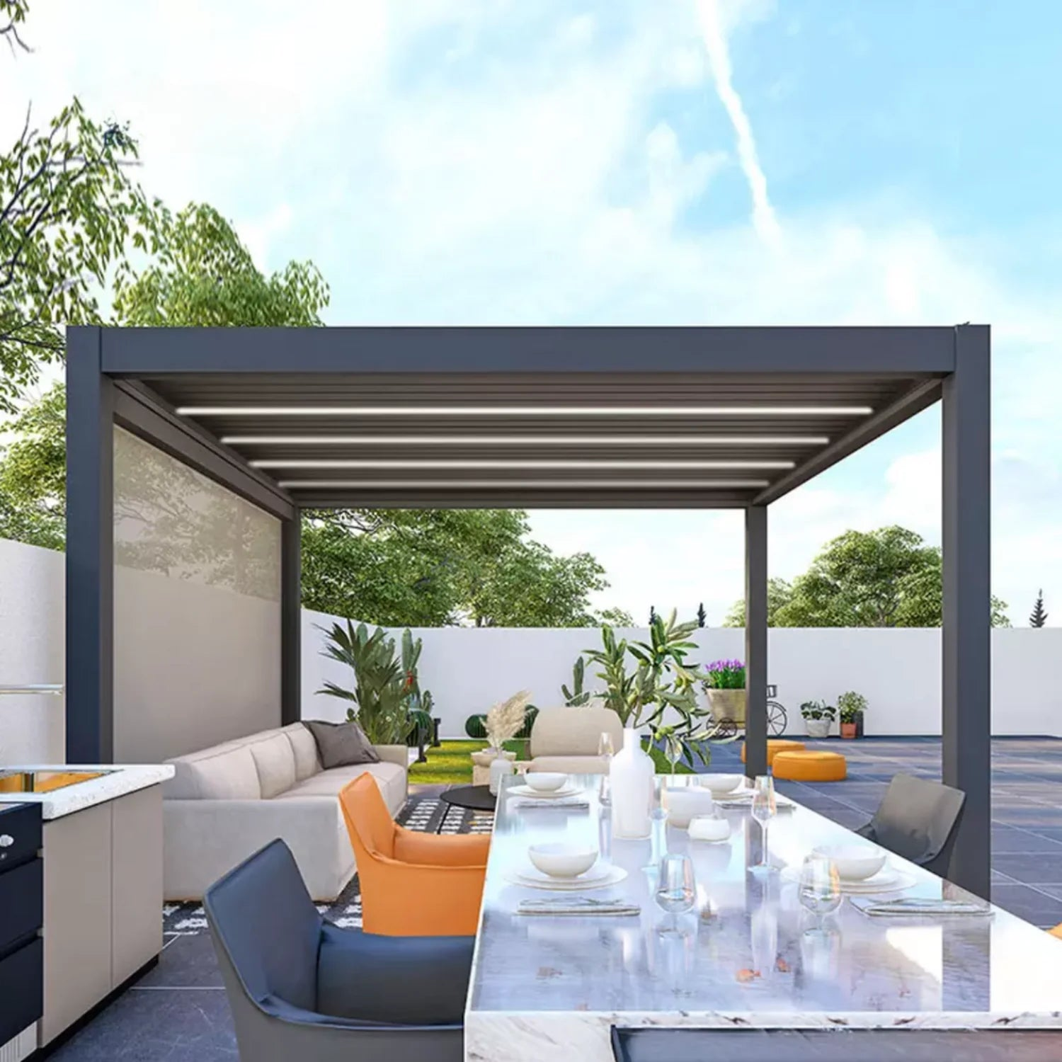 Kustom M6 motorised louvre pergola with louvres open at 90 degrees for full sun and airflow