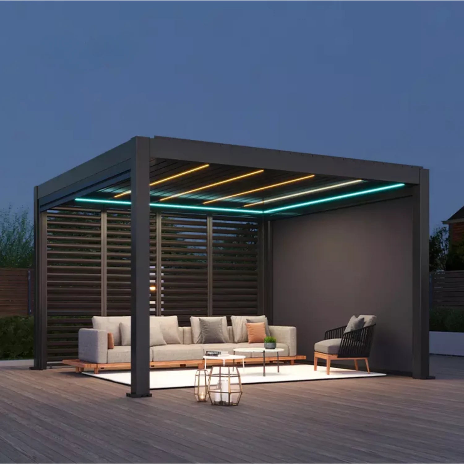 Kustom M6 motorised louvre pergola, 3x3m and 3x4m freestanding configurations for intimate alfresco zones