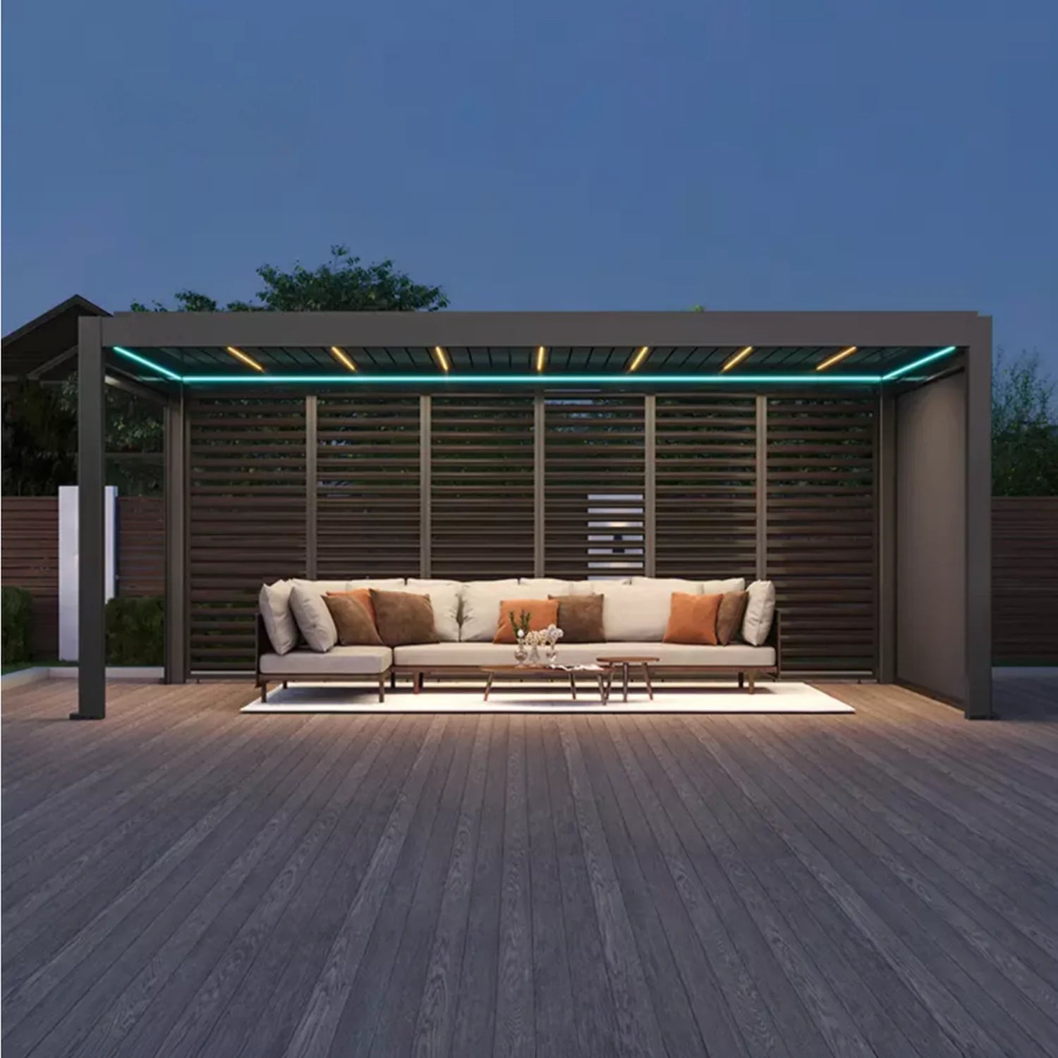 Kustom M6 motorised louvre pergola, larger 3x5m to 4x6m sizes for lounge and dining zones combined