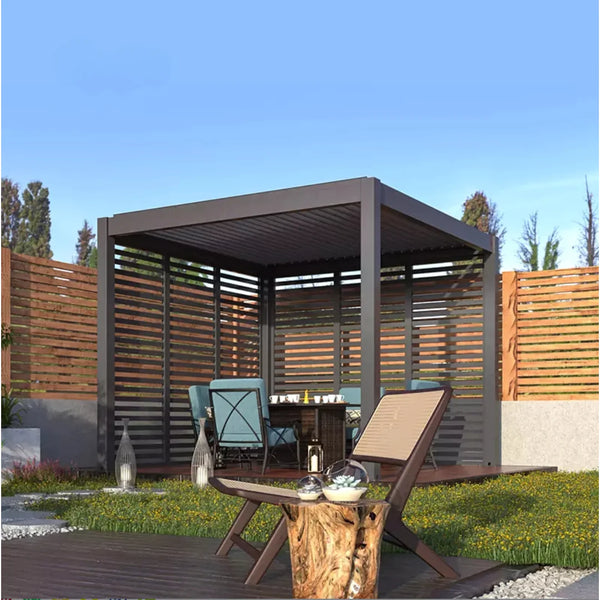 Kustom Mosa in charcoal in a backyard, roof closed, a louvred privacy screen on one side and a dining setting beneath