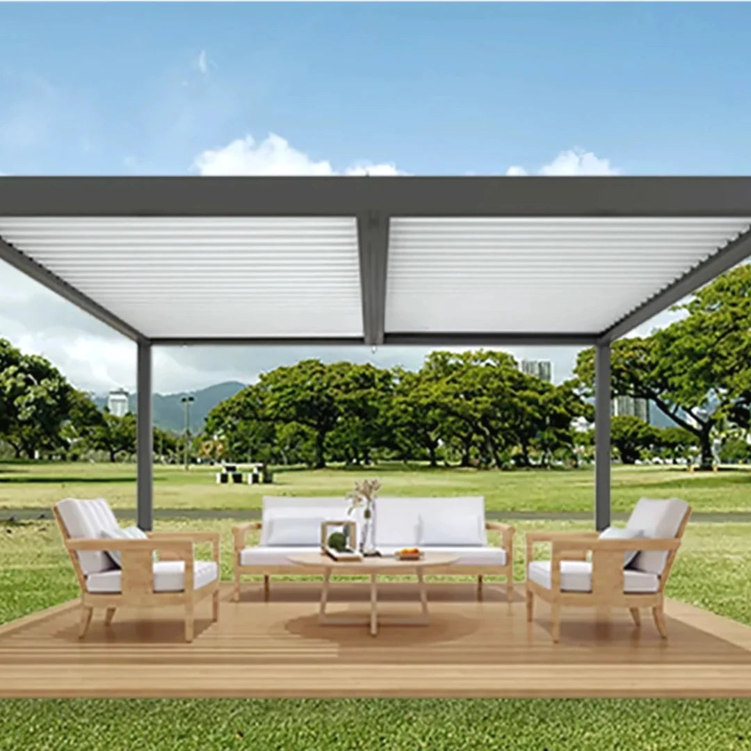 Kustom Mosa adjustable louvre pergola in white with louvres open to the sky
