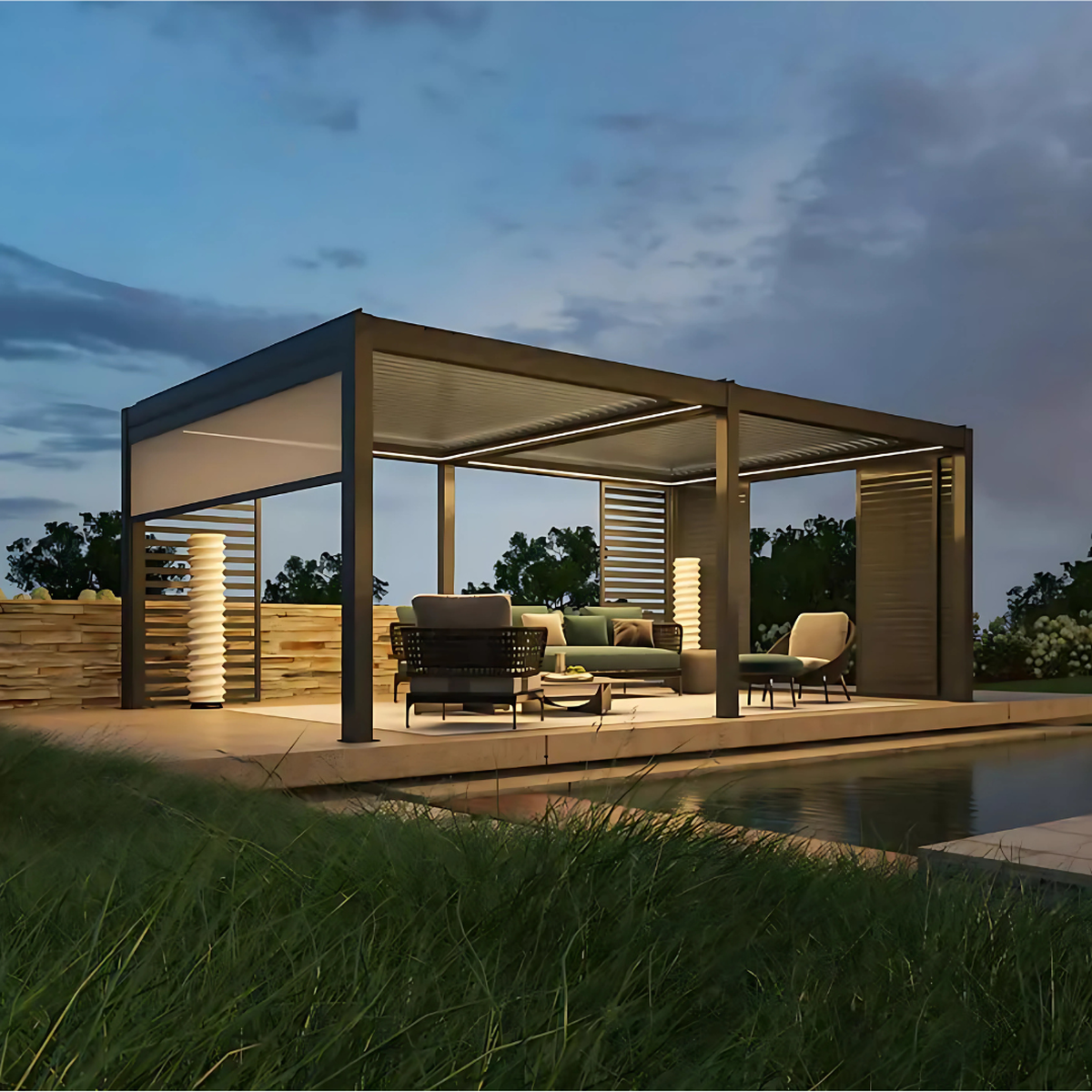 Kustom V Pro motorised louvre pergola poolside at dusk