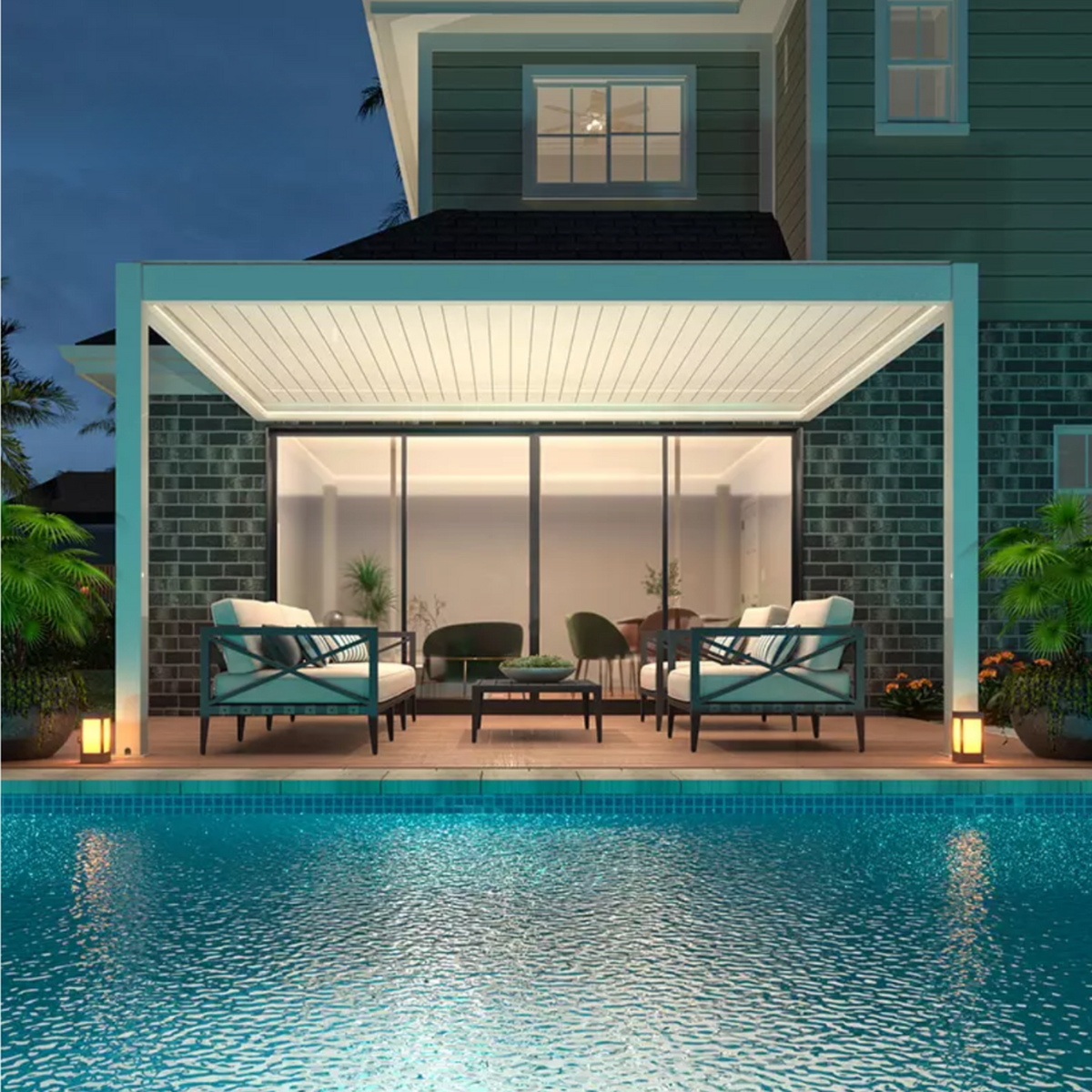 Kustom V Pro louvre pergola poolside at night