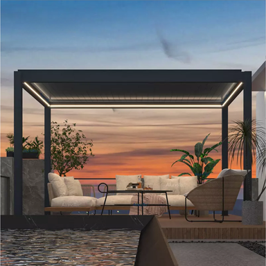 Kustom V Pro pergola on a rooftop terrace at sunset