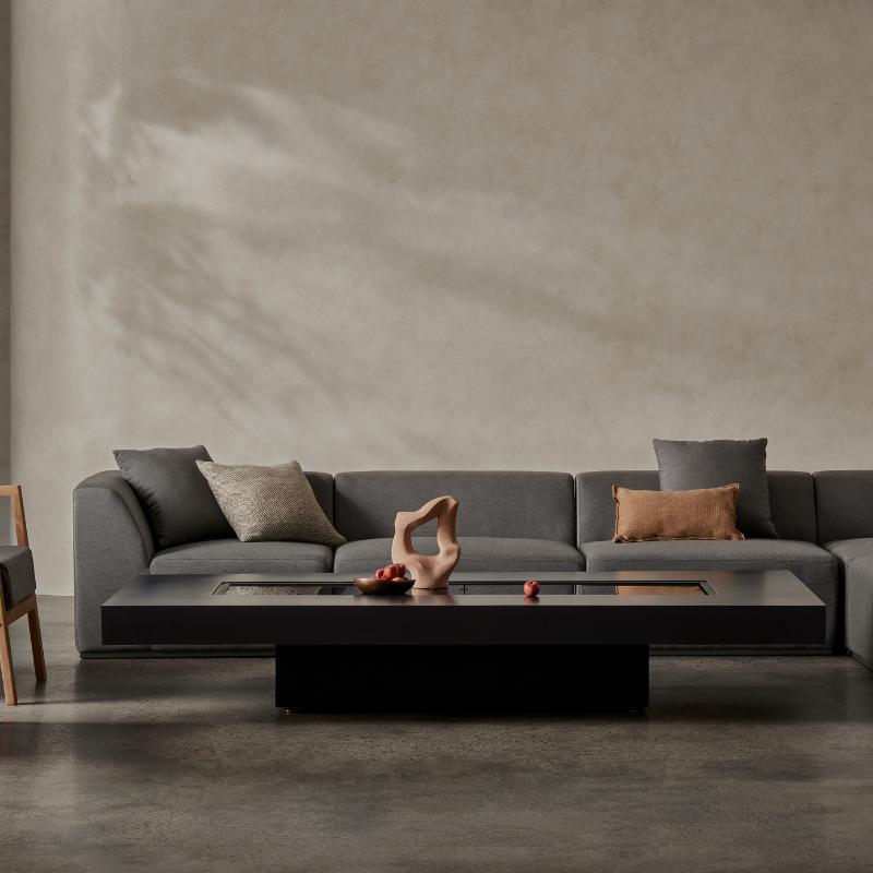 L65 Cover Plate on modern black fire table in designer living room
