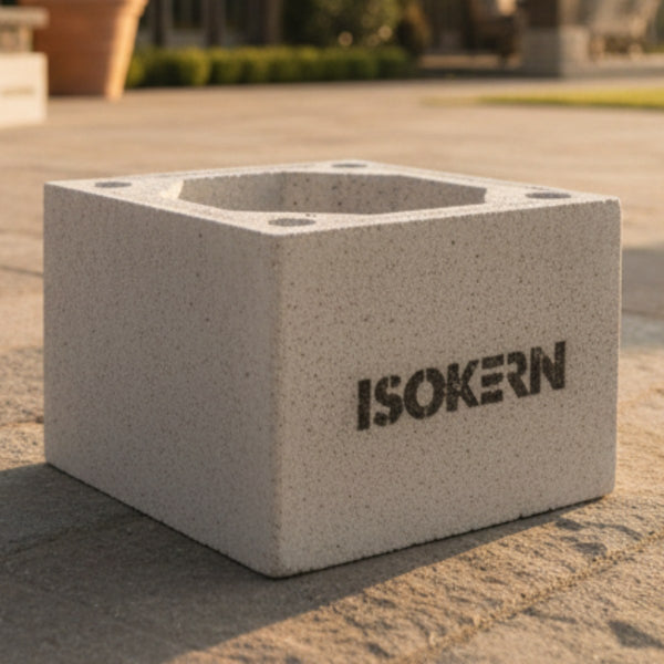 Ochre Living additional chimney block, a 300 mm pumice extension seen from the front on paving