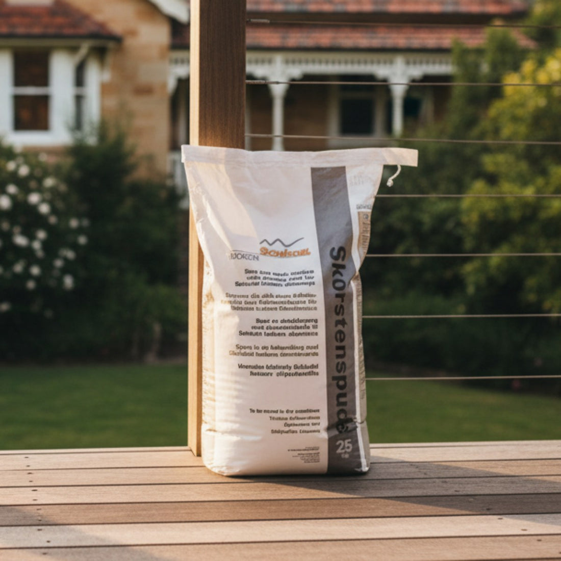 Ochre Living exterior render bag placed on a timber deck in a residential outdoor setting, showing exterior rendering material used for finishing house exteriors